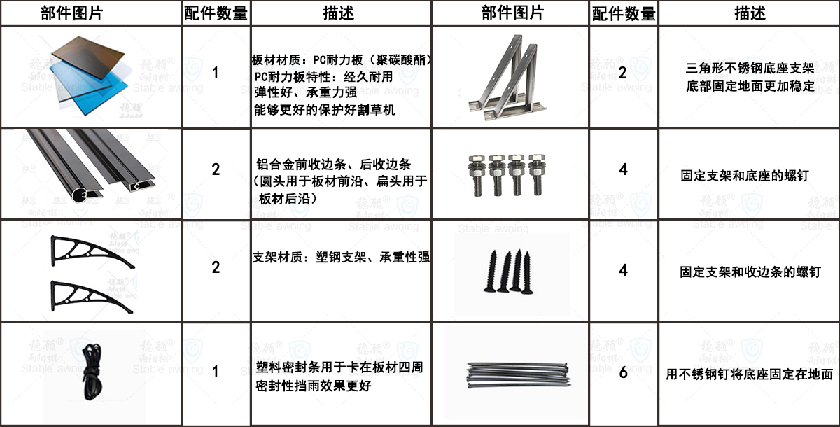 三角形不锈钢底座耐力板割草机雨棚配件