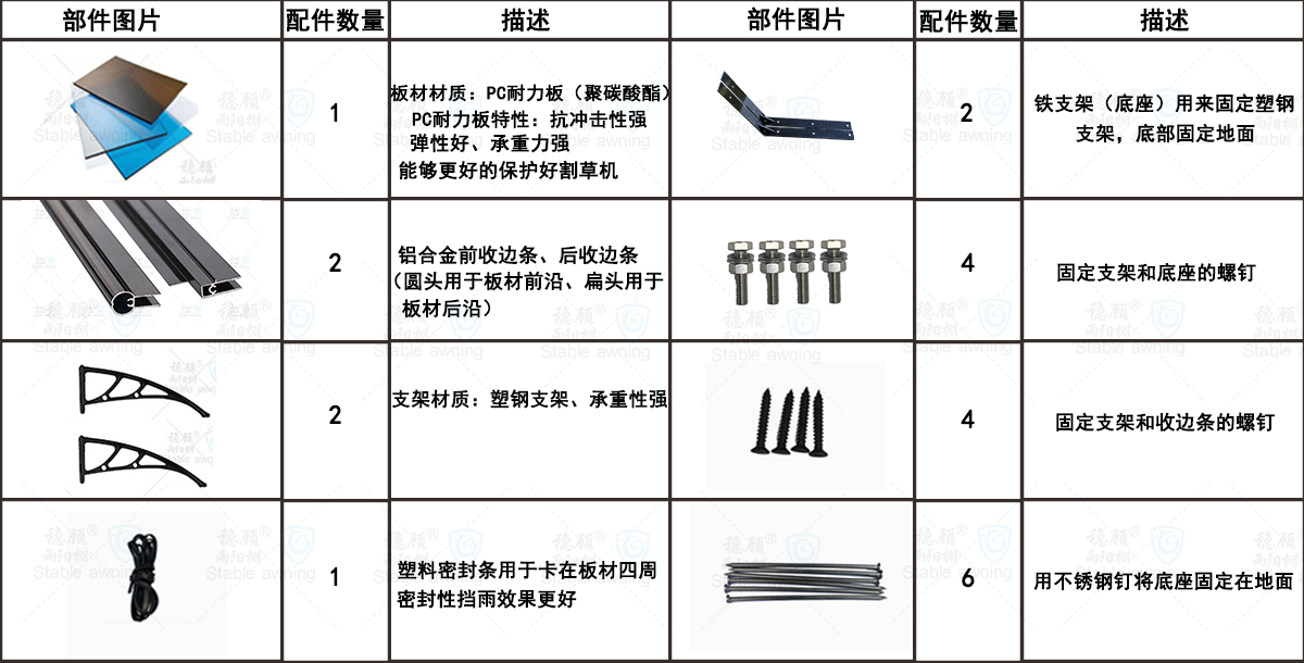 塑钢支架耐力板割草机雨棚配件